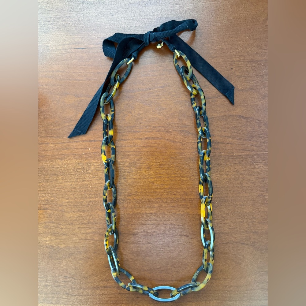 J. Crew brown tortoise link necklace with black grosgrain ribbon